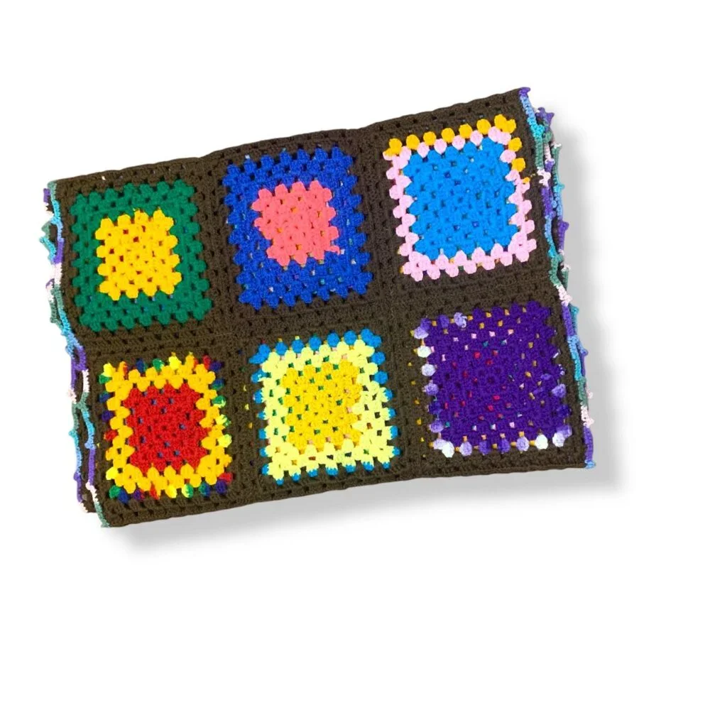 Handcrafted Colorful Crochet Granny Square Wrap Shawl Brown Base Boho Cottagecor